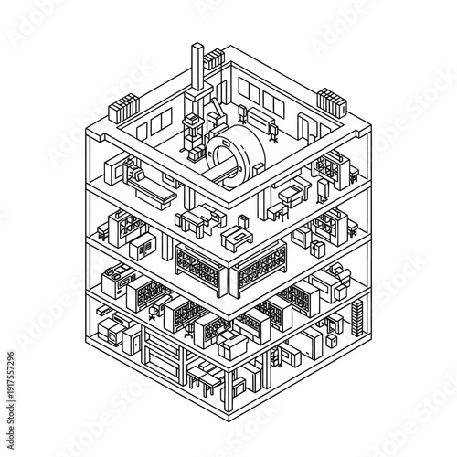Detailed isometric drawing of a multi-story office building with various rooms and equipment.