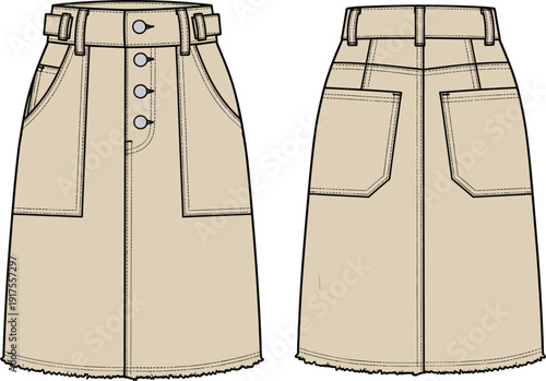 High waist button front midi skirt vector illustration, belted A line women fashion design front back view template