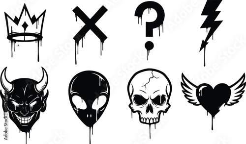 Set of grunge dripping symbols and icons collection, crown skull devil alien heart lightning vector illustration