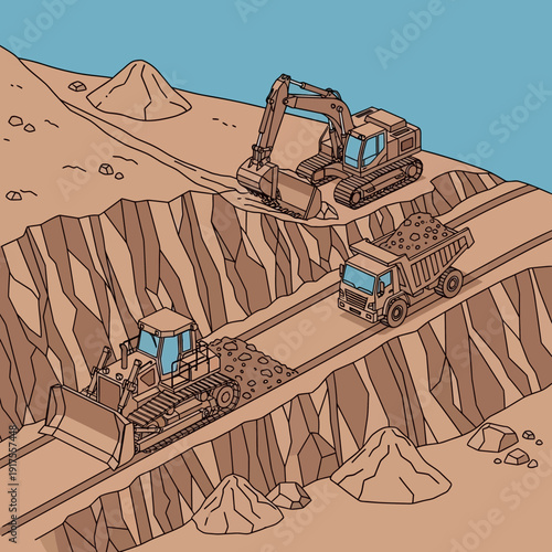 Heavy machinery operating in an open pit mine excavation site.