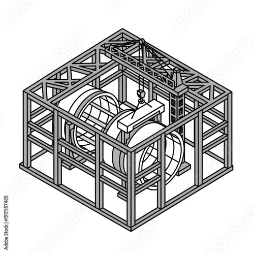 Isometric technical drawing of industrial machinery enclosed in a metal frame.