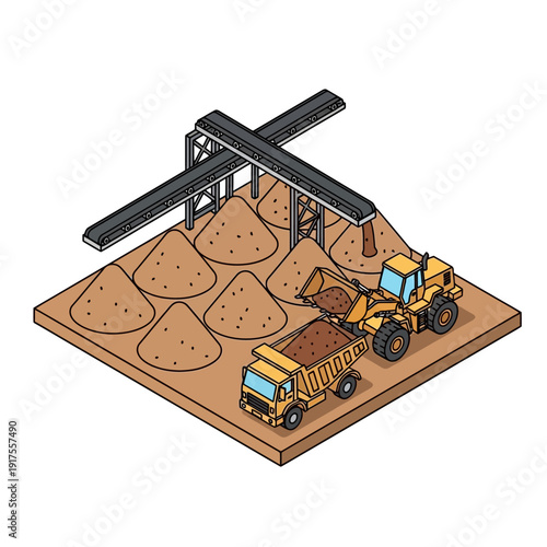 Heavy machinery operating in a sand quarry with piles of sand.