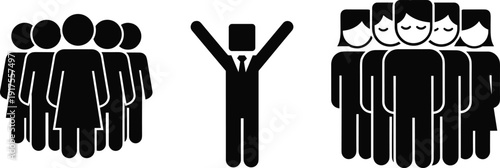 Business people silhouettes set, team crowd group icons, leader success pose, male female characters, black symbol illustration isolated