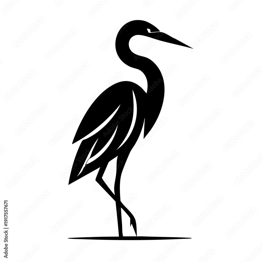 Obraz premium A black silhouette illustration of a standing heron bird in profile view