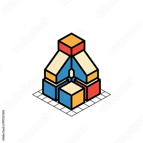 Colorful 3D Isometric House Illustration with Geometric Shapes.