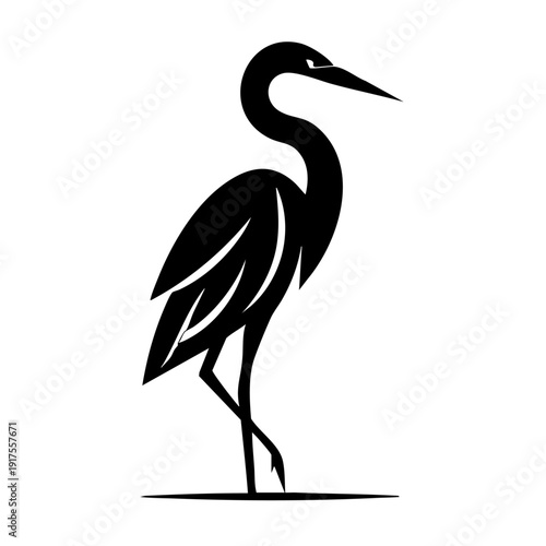A black silhouette illustration of a standing heron bird in profile view