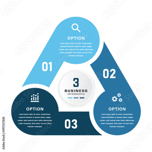Triangular business infographic with central circle and three options