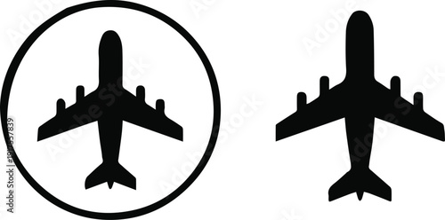 airplane icon set top view circle outline and silhouette
