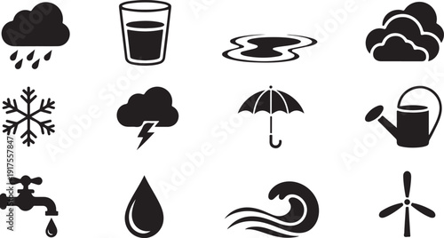 water vector set simple black weather and water utility icons