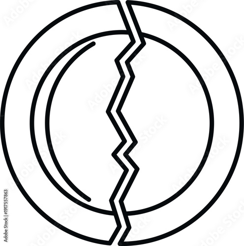 Broken plate symbol representing crack, destruction, and crisis in a minimal line art style