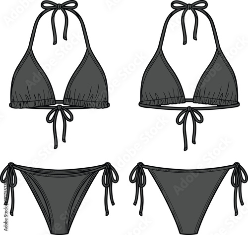 Black bikini set vector illustration, halter triangle swimsuit top and tie side bottoms, detailed swimwear fashion design template