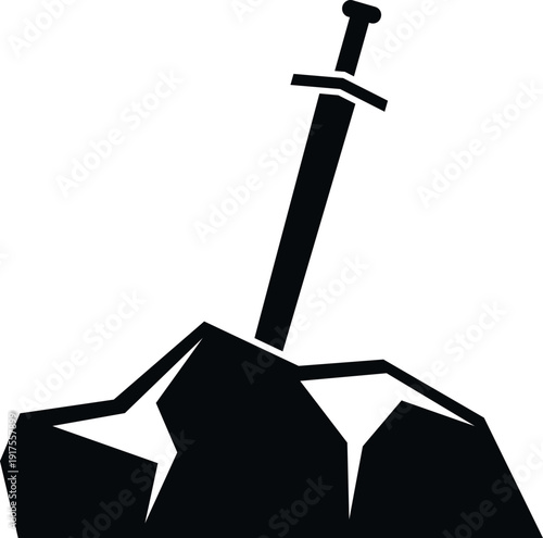 Sword hilt and blade emerging from a rock, representing a legendary quest for leadership