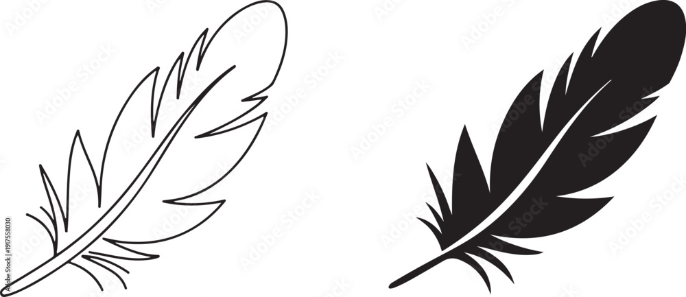 Obraz premium feather outline and silhouette vector icons set