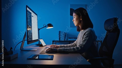 Woman working late on computer in a dimly lit office environment at night