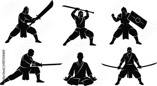 Samurai silhouettes vector set, japanese warrior collection, sword fighting poses illustration, martial arts fighters isolated black design elements