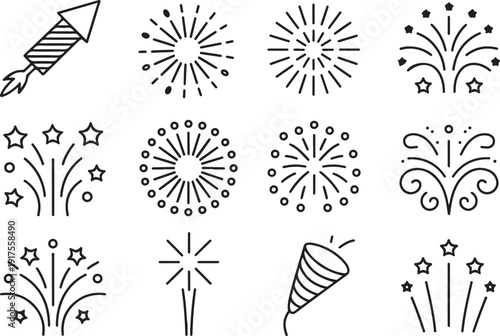 fireworks icons celebration symbols set burst star streamer popper