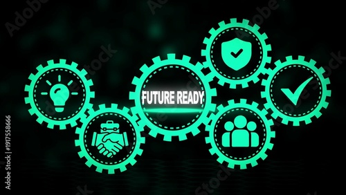 Future Ready Concept With Interlocking Gears And Business Icons On Dark Background image photo