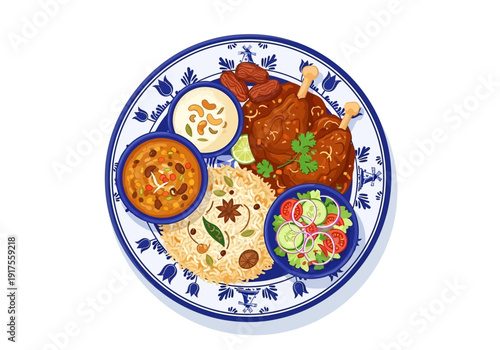 Delicious Indian Food Platter with Chicken Curry and Naan Bread.