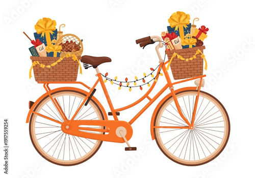Orange bicycle decorated with Christmas presents and lights.