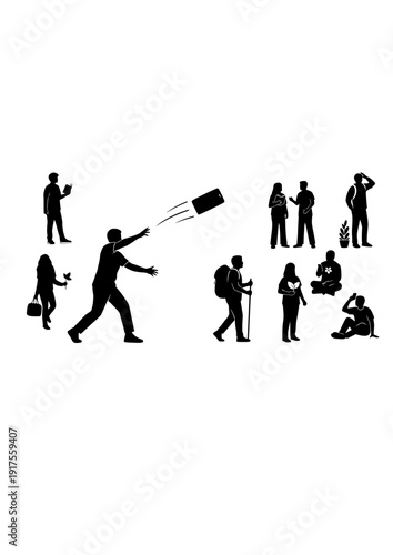 Person throwing away smartphone digital detox and opt out era concept silhouette vector