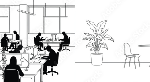 Office interior with people working at desks and a plant, black and white vector illustration.