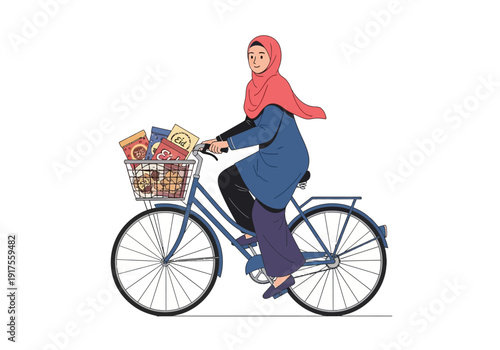 Muslim woman riding a bicycle with groceries in the basket.