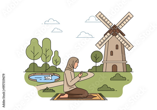 Muslim woman praying peacefully on a rug outdoors.