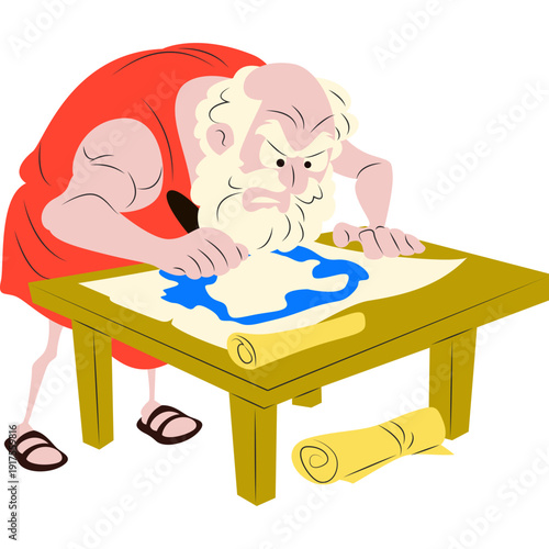 Anaximander sketching the first world map intensely