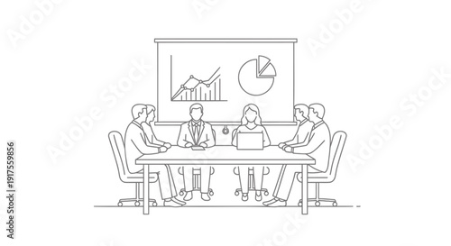 Business meeting vector illustration with people sitting around a table and presentation screen.