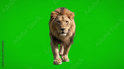 Majestic Lion Walking Across Bright Green Screen Background in Studio Setting