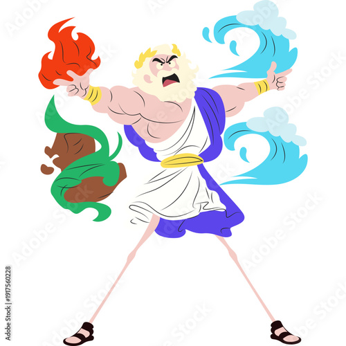 Empedocles gesturing dramatically to four elements swirling around him