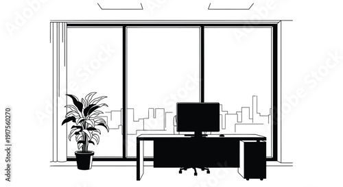 Modern office workspace with desk, computer, and city view
