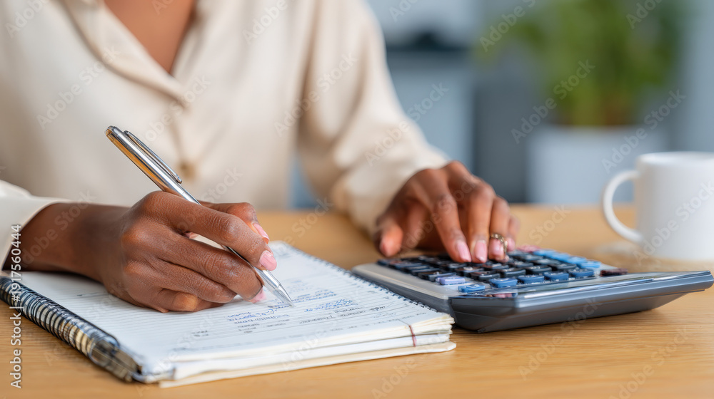 Fototapeta premium A woman is writing in a notebook and using a calculator. She is focused on her work and she is in a serious mood