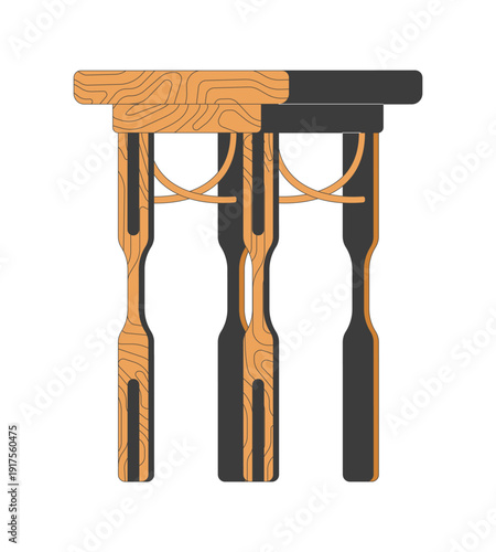 Wooden bar stool furniture 2D cartoon object. Carpentry work. Wood texture interior decor. Handmade seat. Artisan craft isolated element flat vector clip art on white. Spot illustration