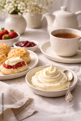 Wallpaper Mural A delightful English cream tea featuring scones, strawberry jam, and clotted cream. Presented alongside a cup of tea, this image offers a taste of traditional culinary delights. Torontodigital.ca