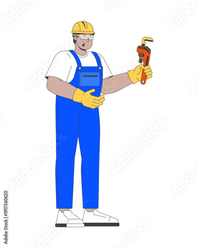 Middle aged arab tradesman holding pipe wrench 2D cartoon character. Maintenance and repair profession. Handyman plumber engineering flat vector person isolated on white. Spot illustration colorful