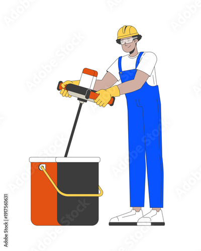 Construction worker using electric mixer to stir plaster in bucket 2D cartoon character. Interior finishing work. Hispanic tradesman flat vector person isolated on white. Spot illustration colorful