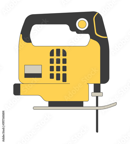 Electric jigsaw 2D cartoon object. Woodworking power tool. Precise cutting. Mechanical device. Industrial carpentry equipment isolated element flat vector clip art on white. Spot illustration