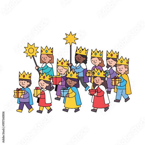 Diverse kids dressed as kings and queens carrying gifts and stars