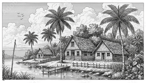 Detailed Tropical Island Village Drawing. Idyllic Beach Huts, Palm Trees, Ocean View for Serene Travel, Vacation, Relaxation.