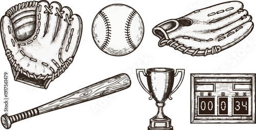 Hand drawn baseball equipment sketch vector set