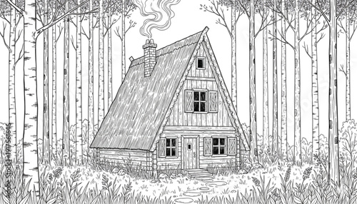 Peaceful A-Frame Cabin in Birch Forest Illustration Rustic Wilderness Retreat for Cozy Lifestyle and Nature Travel