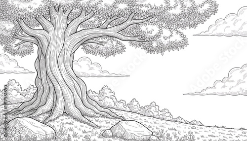 Ancient Gnarled Tree Line Art Coloring Page for Kids Nature Education Peaceful Growth and Stability Illustration