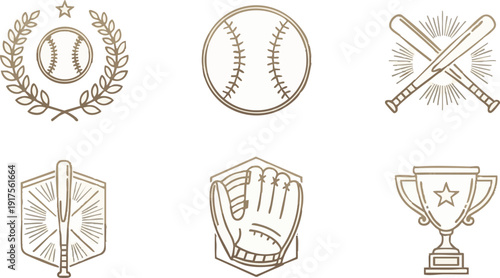 Minimal line art baseball icons vector set