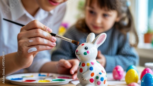 A woman and a child paint colorful dots on a ceramic bunny, surrounded by painted Easter eggs, engaging in a festive craft activity indoors.