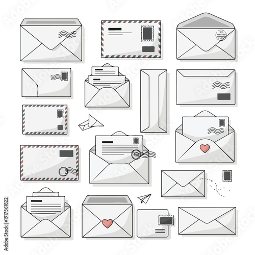 Collection of Various Envelopes with Different Designs and Symbols