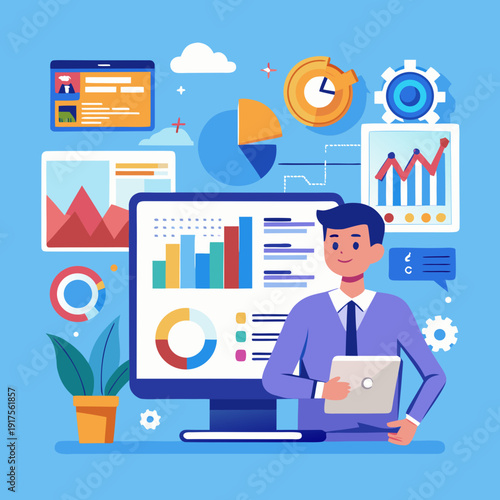 business man with laptop. Web analytics dashboard. Marketing data visualization. Statistical graphs and reports. Businessperson analyzing website traffic using a laptop computer.