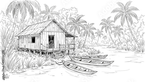 Remote Tropical Stilt House with Traditional Canoes on Riverbank Sketch Illustration