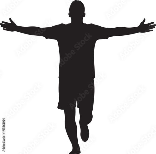 Silhouette of a triumphant soccer player celebrating with arms wide open, signifying victory and achievement, isolated on white , Generative Ai