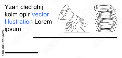Advertising, marketing, communication, promotions, financial growth, public speaking. A hand holds a megaphone beside stacked coins and placeholder text. Marketing and communication concepts